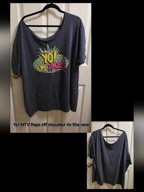 MTV Gray Off-Shoulder Tee with Yellow & Purple Graphic
